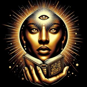 Um rosto em forma de gota hindu dourado com olho na testa e a bíblia na mão