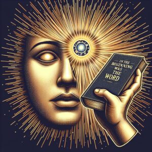 Uma mascara resplandecente com um terceiro olho na testa olhando para uma mão suspensa com uma bíblia