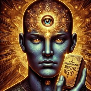 Um rosto de mulher hindu resplandecente com um olho na testa e com uma bíblia na mão