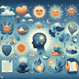 uma cabeça de lado transparecendo o cérebro, em volta imagens de figuras de pessoas meditando, sóis, anjos, flores, plantas, bíblia, nuvens