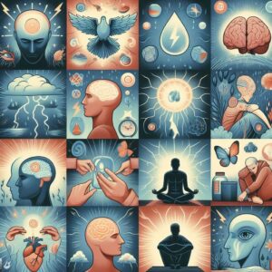 Um mosaico quadrado com 16 figuras contendo cérebros, cabeças com cérebros, pombas, pessoa meditando, coração pulsando, pessoa triste na natureza etc 