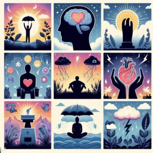 um mosaico quadrado com 9 figuras contendo um cabeça com cérebro, pessoa meditanto, coração batendo, pessoa triste