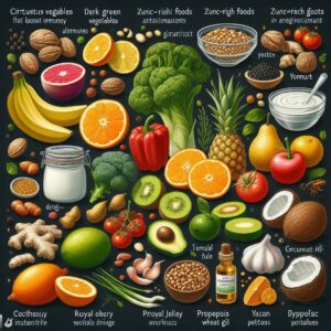 Uma imagem que mostra 18 alimentos que aumentam a imunidade de forma natural, como frutas cítricas, vegetais verdes escuros, alimentos ricos em zinco, oleaginosas, tomate, alimentos fonte de ômega 3, alimentos com ação antioxidante, gengibre, pimenta, iogurte, alho, cebola, geleia real, própolis, óleo de coco, lichia, batata yacon e gérmen de trigo