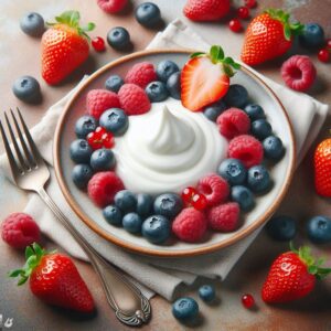 Uma imagem que mostra um prato com iogurte natural e frutas vermelhas, como morango, framboesa e mirtilo, que são ricas em vitamina C e antioxidantes