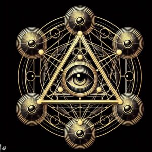Essa imagem mostra um símbolo do Caibalion, que consiste em um triângulo equilátero com um olho no centro, cercado por sete círculos que representam as sete leis universais