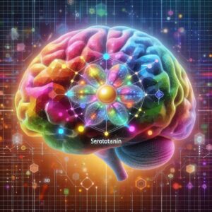 Uma imagem de um cérebro humano com várias cores e formas geométricas, representando as diferentes áreas e funções cerebrais. No centro do cérebro, há uma molécula de serotonina em destaque, com a palavra “serotonina” escrita embaixo.