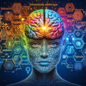 Uma imagem de um rosto feminino futurista de cor azul. No parte superior do rosto um cérebro proeminente de várias cores. Ao redor várias moléculas e a palavra serotonina