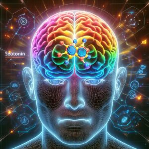 Um modelo gráfico de um cérebro humano colorido e uma molécula de serotonina sobre um rosto humano futurista, com símbolos de funções cerebrais e tecnológicas ao redor