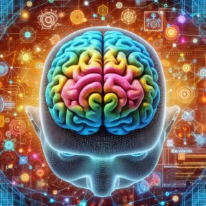 Um cérebro humano colorido em uma cabeça transparente, com gráficos futuristas de dados e conexões neurais ao redor.