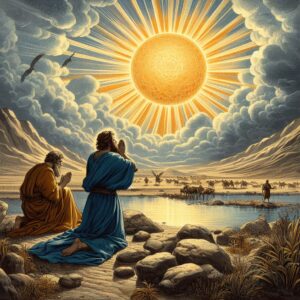 Uma ilustração vívida mostrando Josué e um companheiro em oração de joelhos, olhando para um sol radiante em meio a uma paisagem pitoresca. O sol tem desenhos intrincados e ilumina toda a cena com sua luz brilhante. O céu está cheio de nuvens detalhadas que são realçadas pelos raios do sol, criando um efeito dramático. No meio do terreno, há um corpo de água sereno refletindo a luz solar. Animais, incluindo pássaros em voo e um rebanho de cervos perto da água, são visíveis, adicionando vida à cena. Montanhas majestosas formam parte do fundo, aumentando a grandeza da imagem.”