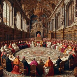 uma reunião do Concílio de Trento em uma basílica