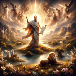 profeta isaias com um pergaminho na mão rodeado por figuras angelicais