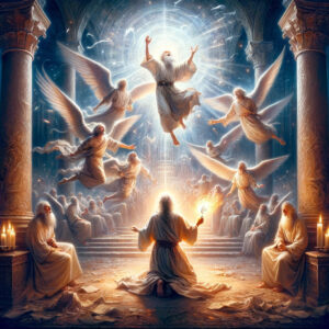 A imagem visualmente cativante retrata o momento do chamado divino do profeta Isaías. No templo sagrado, Isaías, entre admiração e humildade, testemunha a presença majestosa de Deus, simbolizada por uma luz avassaladora do céu. Seres celestiais com seis asas circundam-no, com um deles se aproximando para purificar os lábios de Isaías com uma brasa incandescente. O rosto de Isaías reflete medo, reverência e aceitação, encapsulando a natureza transformadora deste encontro sagrado, enquanto detalhes etéreos ao fundo evocam a santidade do templo e a atmosfera divina do momento, destacando o impacto profundo desse chamado em sua vida e ministério.