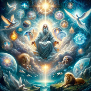 A imagem retrata de forma inspiradora e transcendente a temática "Isaías e a Glória de Deus: Revelações, Símbolos e Promessas Messiânicas", com Isaías envolto em luz divina, cercado por símbolos de suas visões proféticas, destacando a comunhão íntima com Deus e a esperança messiânica.