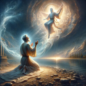 A imagem retrata a profunda conexão entre Deus e o profeta Isaías, capturando o momento da comunicação divina com uma representação simbólica da presença de Deus focada em Isaías, enfatizando a comunicação direta e pessoal entre a divindade e o profeta.