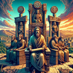 A imagem retrata de forma detalhada e simbólica a era do profeta Isaías durante os reinados de Uzias, Jotão, Acaz e Ezequias, destacando a presença central de Isaías entre os símbolos representativos de cada rei, contra o pano de fundo da antiga Jerusalém.