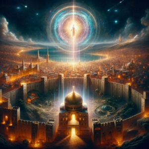 A imagem captura a visão de Isaías sobre a salvação e o Messias, com Jerusalém como ponto focal, iluminada por uma luz celestial que simboliza a promessa divina e a esperança, destacando o Templo como centro espiritual e a união dos habitantes sob a luz do Messias prometido.