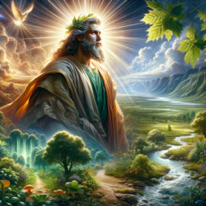 A imagem retrata de forma impressionante Isaías como o "Profeta Messiânico", simbolizando esperança e restauração para Israel e Judá, com Isaías em uma pose serena e autoritária, cercado por símbolos de renovação e a promessa divina de um futuro messiânico.