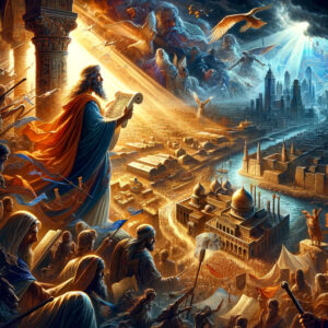 A imagem retrata de forma dinâmica e rica em detalhes a era de Isaías, destacando o contexto histórico e seu impacto no Reino de Judá, com Isaías em destaque, simbolizando seu papel profético entre elementos que refletem os desafios políticos, sociais e espirituais da época.