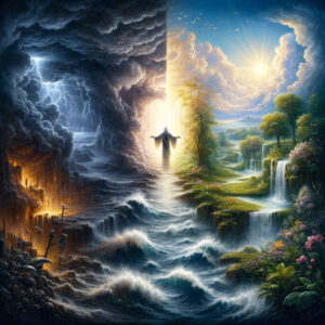 A imagem simboliza as profecias de Isaías, mostrando a transição das advertências para a promessa de salvação, com Isaías no centro, conectando os temas de julgamento e graça divinos.