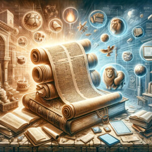 A imagem ilustra o legado duradouro do profeta Isaías e seu impacto profundo nos estudos bíblicos contemporâneos, mesclando símbolos das profecias de Isaías com ferramentas modernas de pesquisa, destacando a conexão entre a sabedoria antiga e a interpretação contemporânea.