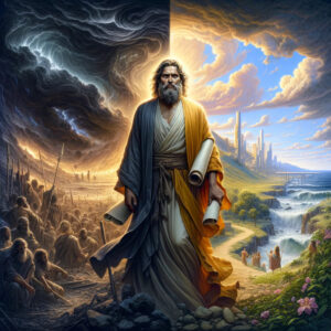 A imagem acima ilustra a história do Profeta Jeremias, enfatizando sua função como uma voz de advertência e esperança, com elementos que refletem tanto as consequências de ignorar suas advertências quanto a promessa de renovação e paz