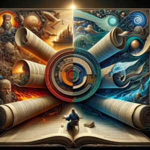 imagem representa artisticamente o Livro de Jeremias, destacando sua estrutura complexa e conteúdo diversificado através de um antigo pergaminho ornado e elementos visuais que refletem temas chave das profecias de Jeremias