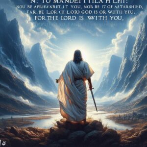 Uma imagem que mostra uma paisagem montanhosa com um céu azul e nuvens brancas. No centro da imagem, há uma figura humana de costas, vestindo uma túnica branca e segurando uma espada na mão direita. A figura está olhando para o horizonte, onde se vê um rio e uma cidade murada. Na parte inferior da imagem, há um texto em letras brancas que diz: 'Não to mandei eu? Esforça-te, e tem bom ânimo; não te atemorizes, nem te espantes; porque o Senhor teu Deus está contigo, por onde quer que andares. Josué 1:9'.