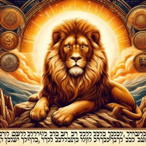 um leão dourado sentado compenetrado com um sol e céus radiantea atrás representando a realeza celeste do leão de juda