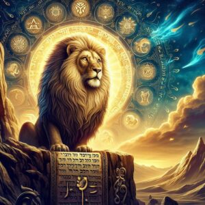 A imagem mostra um leão majestoso em cima de uma pedra, com um fundo místico que inclui símbolos astrológicos e cósmicos brilhantes. O leão está diante de um céu estrelado e montanhas ao fundo. Há texto inscrito na pedra abaixo do leão, parecendo ser em hebraico.