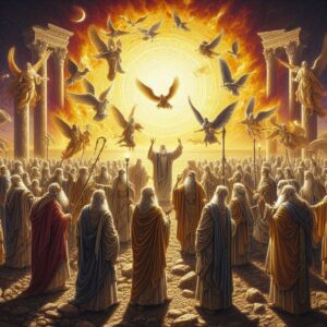 Uma cena místico com Moisés conversando com o povo, várias figuras em mantos, colunas ornamentadas, e criaturas aladas voando em torno de um disco solar brilhante representando Levítico 19 28