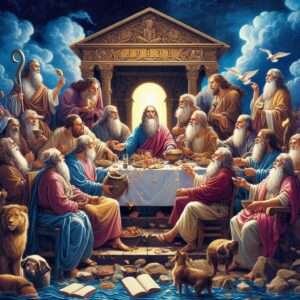 Uma ilustração de personagens bíblicos em trajes históricos reunidas em torno de uma mesa, envolvidas em uma refeição ou discussão, Jesus no centro. Elas estão cercadas por elementos arquitetônicos e animais sob um céu nublado.