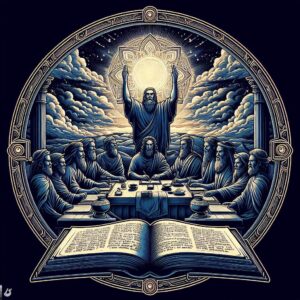 Uma ilustração de uma cena celestial com uma figura central segurando um objeto luminoso acima da cabeça, cercada por outras figuras em uma mesa circular, e um livro aberto em primeiro plano.