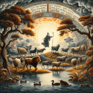 Uma ilustração de uma cena pastoral com uma figura mística segurando um cajado e emanando luz, cercada por vários animais e árvores, e texto arqueado na parte superior contendo referências bíblicas.