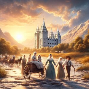 Um grupo de pioneiros mórmons caminha em direção ao templo de Salt Lake City, um símbolo de sua fé e perseverança. Eles enfrentaram muitas dificuldades e perseguições em sua jornada pelo oeste americano, mas finalmente encontraram um lugar para chamar de lar. O sol se põe atrás das montanhas, iluminando o castelo branco com uma luz dourada. Eles sentem uma mistura de gratidão, esperança e orgulho por fazerem parte da restauração da igreja de Cristo na Terra