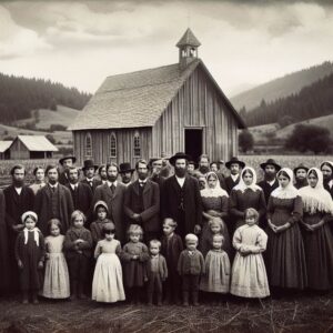 Uma imagem antigo de um grande grupo formado por homens mulheres crianças dos fundamentalistas mórmons por trás um templo Mórmon de madeira - poligamia mórmon