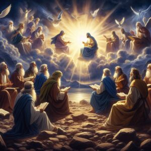 Uma cena que mostra alguns profetas bíblicos, como Moisés, Isaías, Jeremias e Daniel, recebendo a revelação de Deus